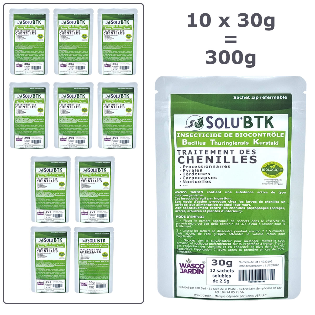 Insecticide BTK de biocontrôle contre les chenilles phytophages, SOLU'BTK - 300g