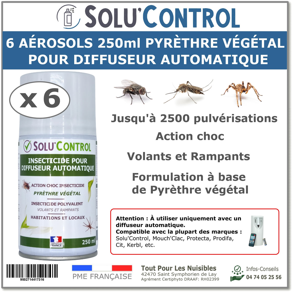 Bombe pour diffuseur avec pyrèthre végétal, SOLU'CONTROL - 6 Aérosols de 250ml