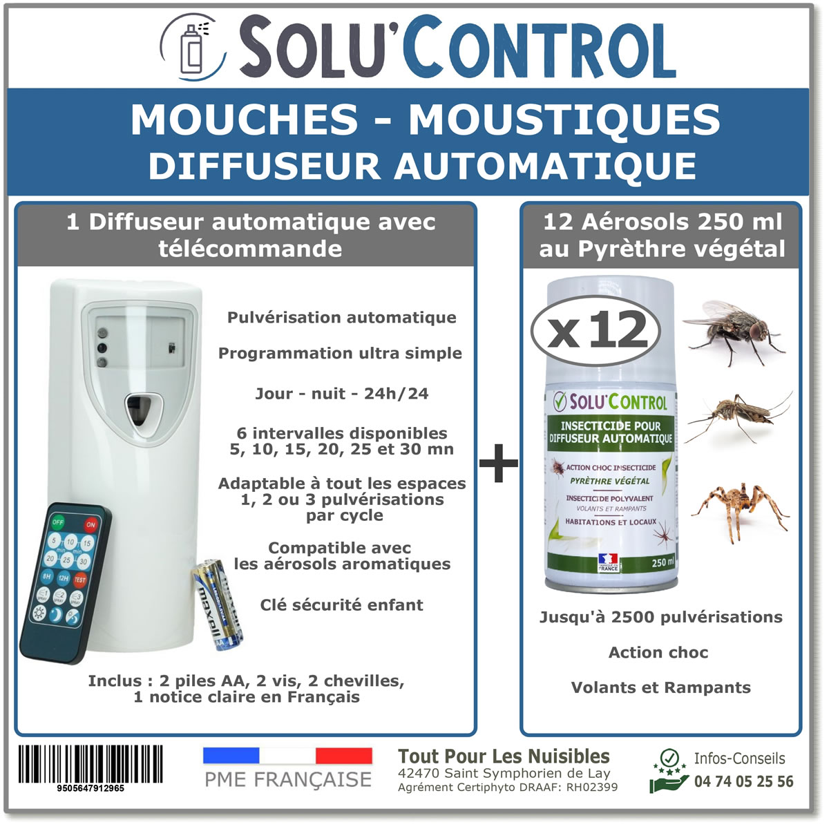 Diffuseur automatique + 12 Aérosols au pyrèthre végétale SOLU'CONTROL