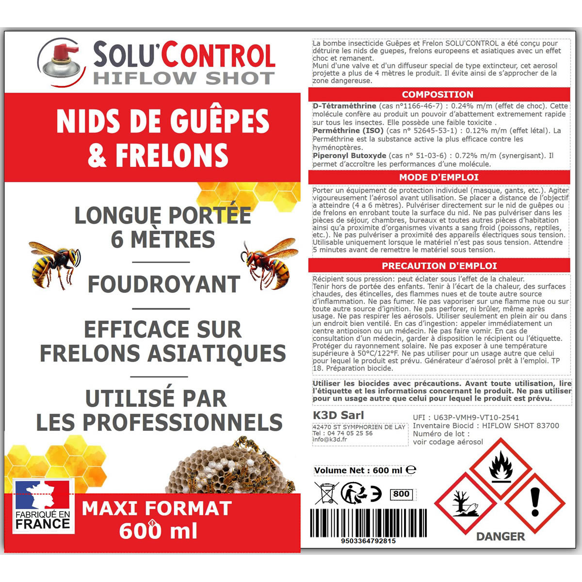étiquette aérosol de la bombe guêpes 600ml