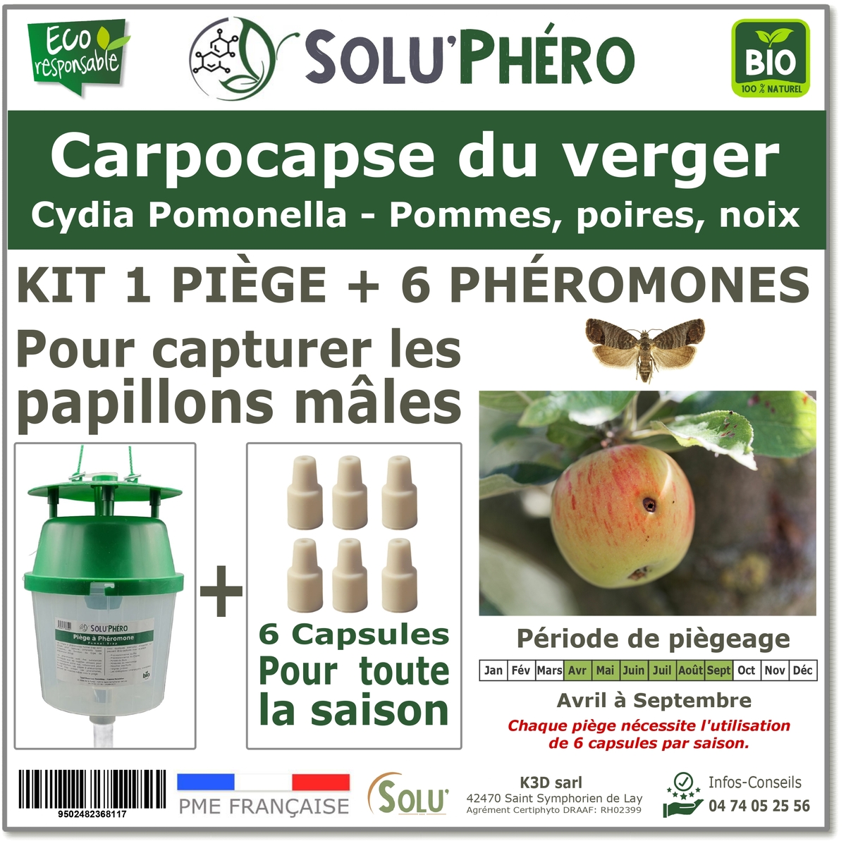 Soluphero - Phéromone carpocapse du verger par 6 + piège