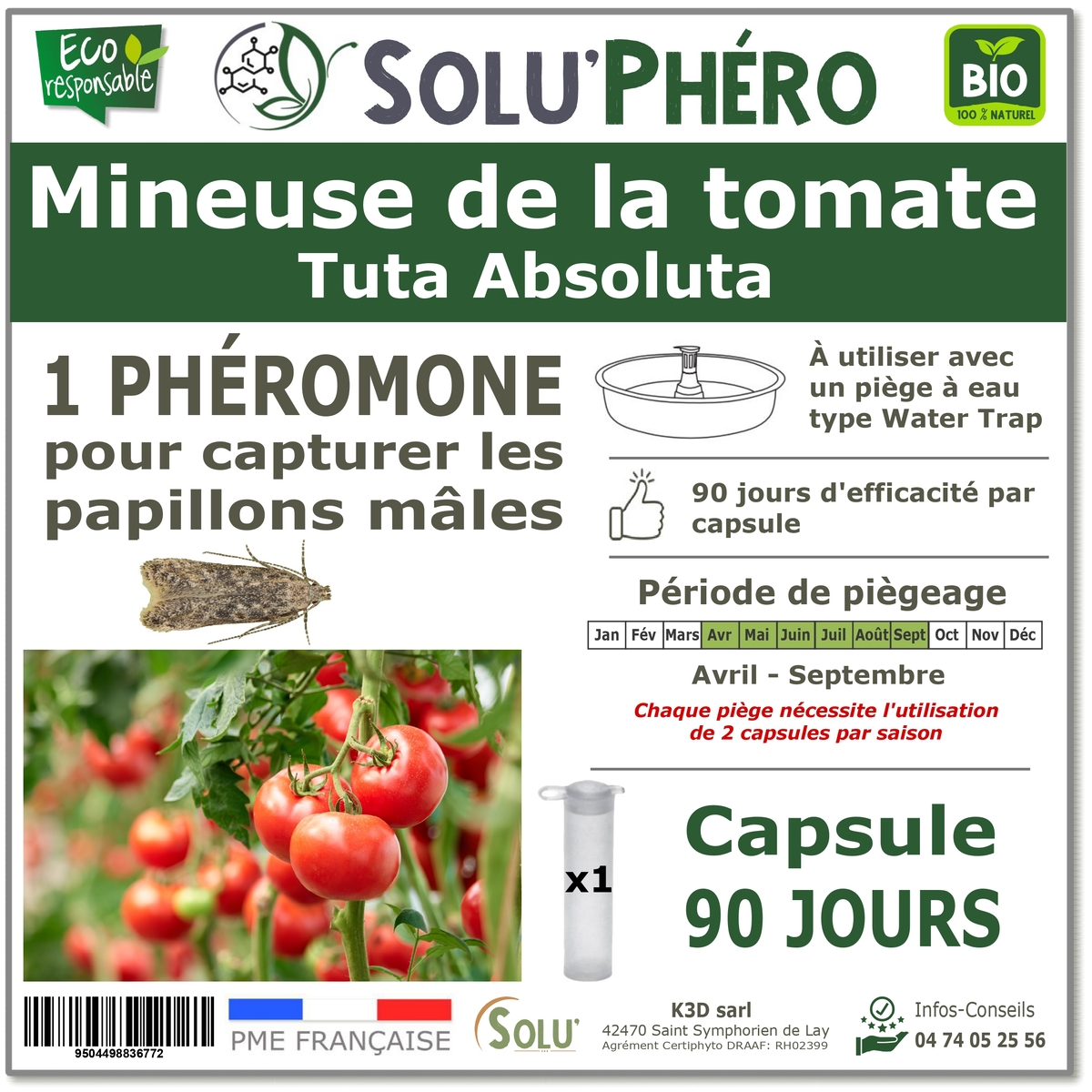 1 Phéromone contre Mineuse de la tomate 90 jours, Tuta absoluta