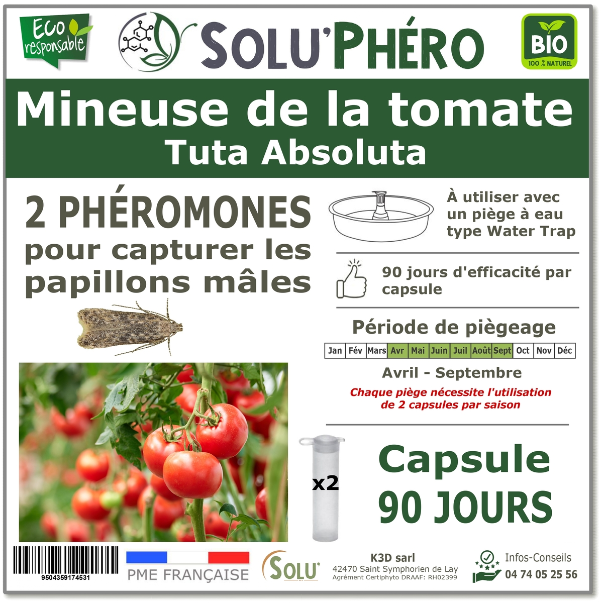 2 Phéromones contre Mineuse de la tomate 90 jours, Tuta absoluta
