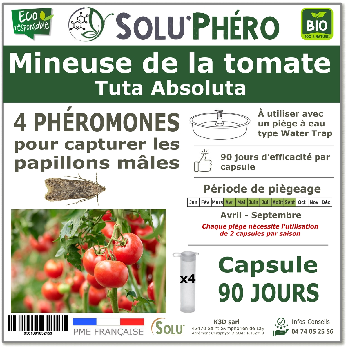 4 Phéromones contre Mineuse de la tomate 90 jours, Tuta absoluta