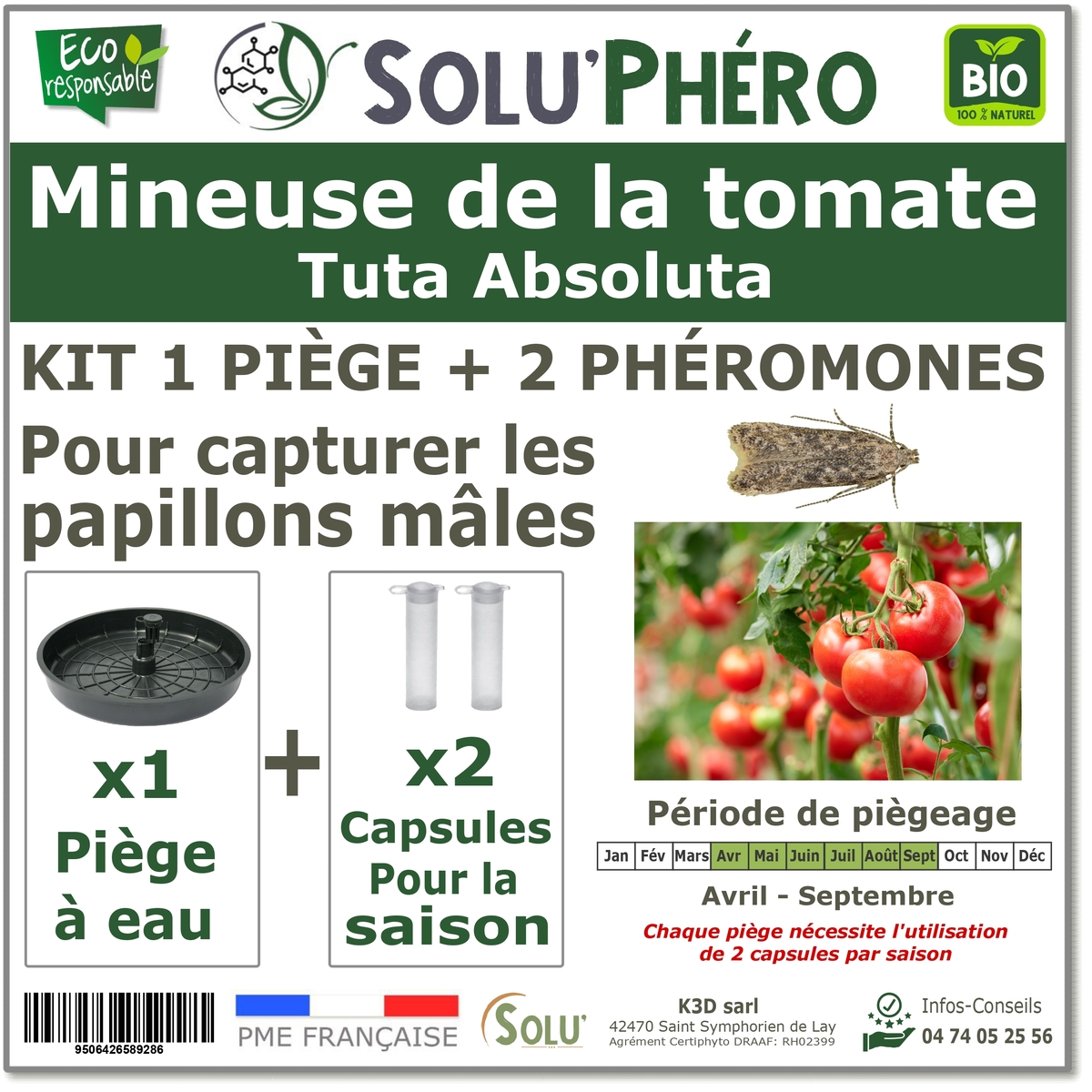 2 Phéromones + 1 piège à eau contre Mineuse de la tomate 90 jours, Tuta absoluta