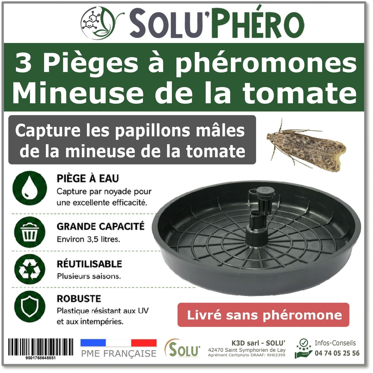 3 Pièges à phéromones Water Trap pour la mineuse de la tomate