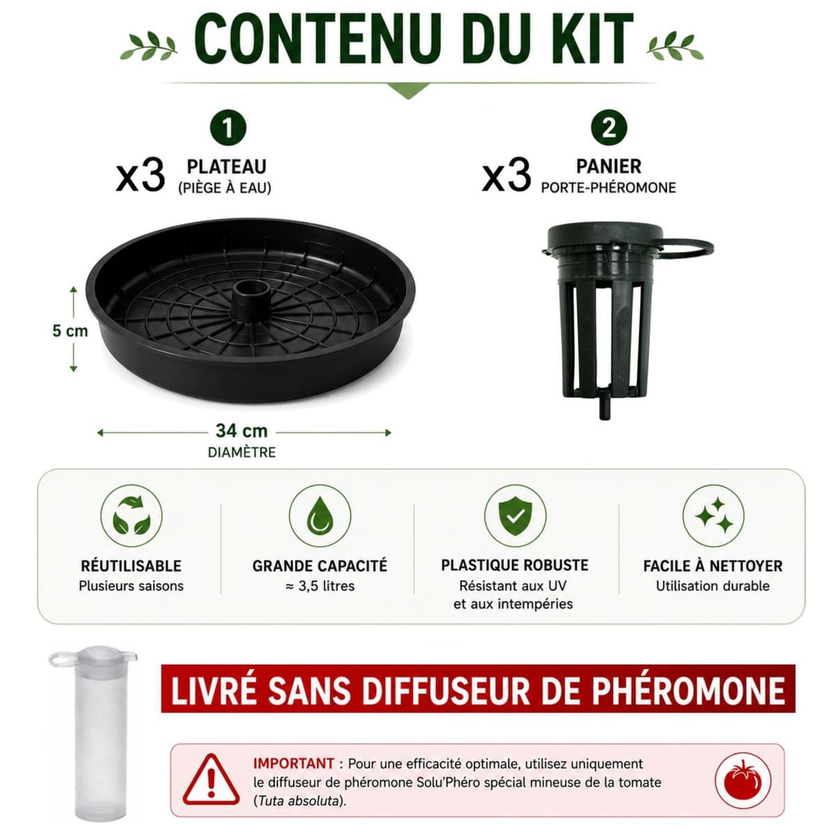 3 Pièges à phéromones Water Trap pour la mineuse de la tomate – Conditionnement
