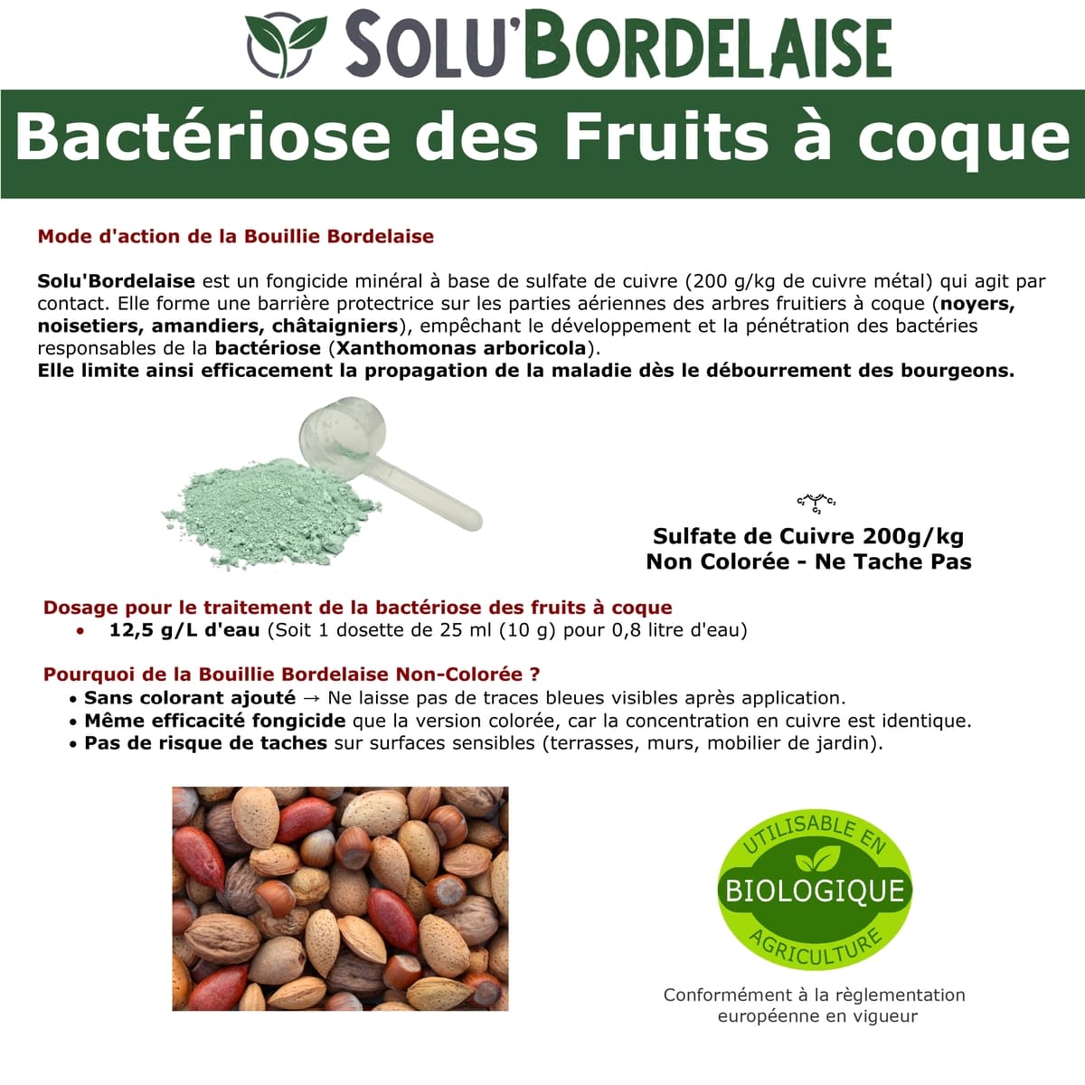 Action Bouillie Bordelaise Non Colorée spécial bactériose des fruits à coque, SOLU'BORDELAISE