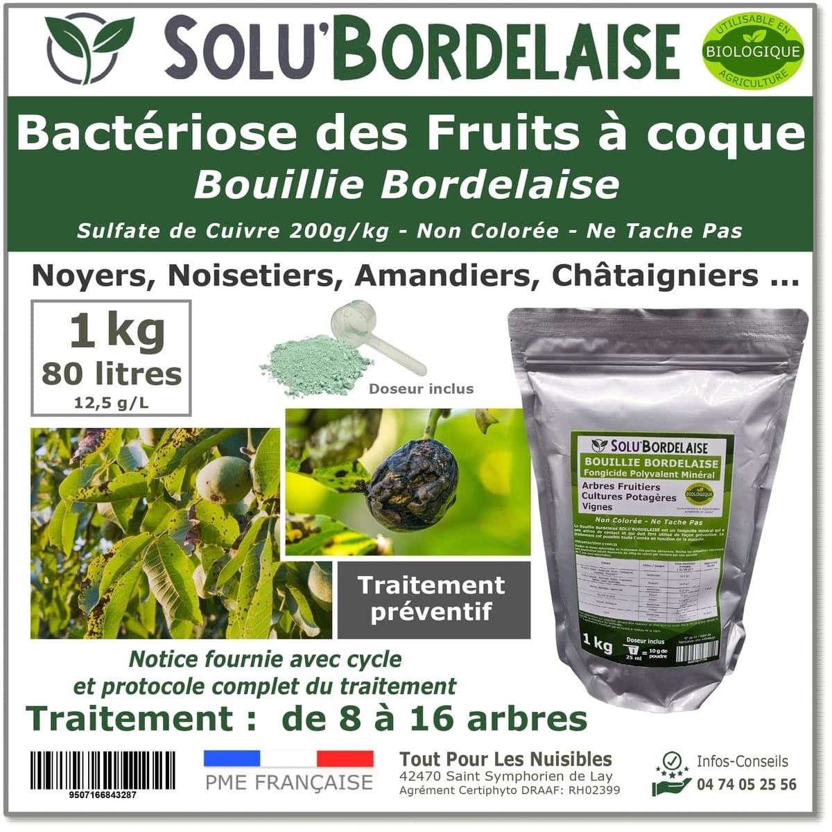 Bouillie Bordelaise Non Colorée spécial bactériose des fruits à coque, SOLU'BORDELAISE- Sachet de 1kg