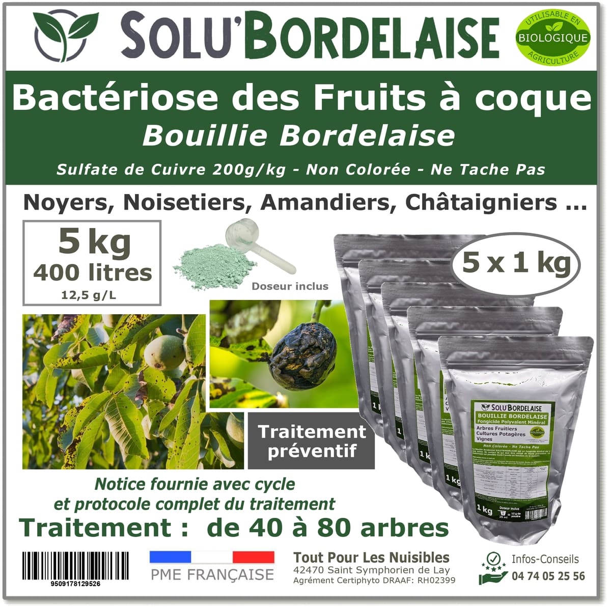Bouillie Bordelaise Non Colorée spécial bactériose des fruits à coque, SOLU'BORDELAISE- 5 Sachets de 1kg