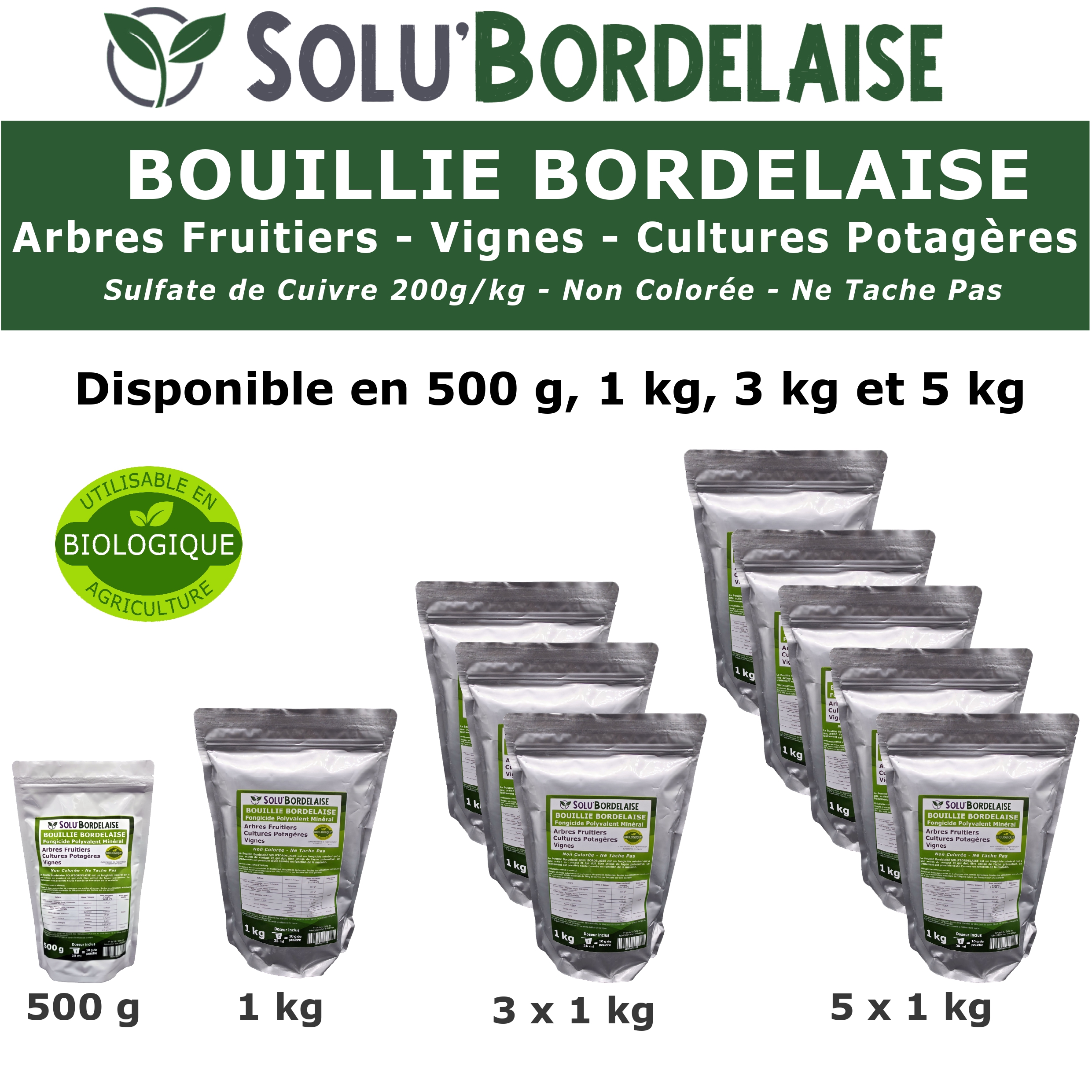 Bouillie Bordelaise Non Colorée Arbres Fruitiers, Cultures Potagères, Vignes, SOLU'BORDELAISE