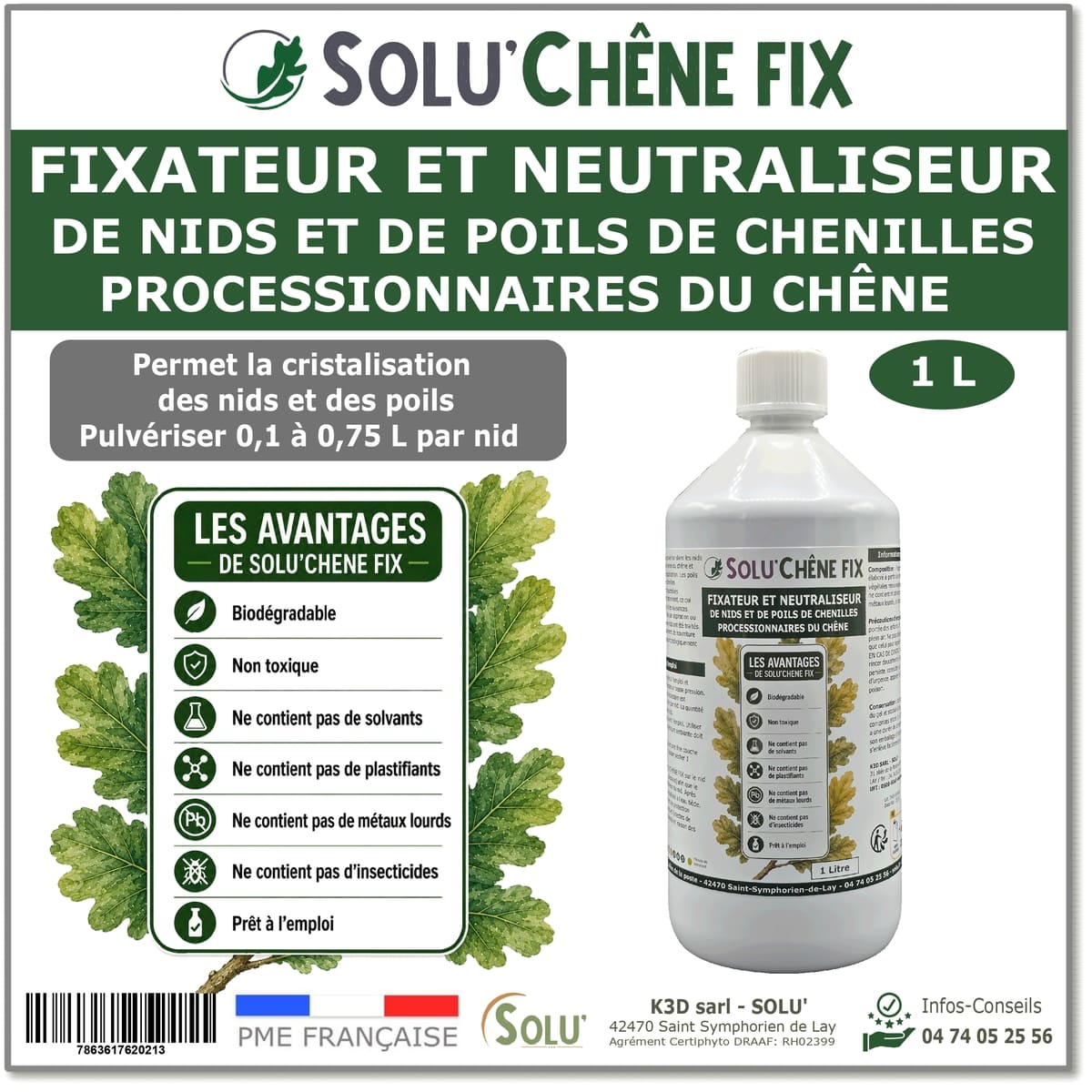 Traitement neutraliseur contre les chenilles processionnaires du chêne, Solu'Chêne Fix - 1 litre