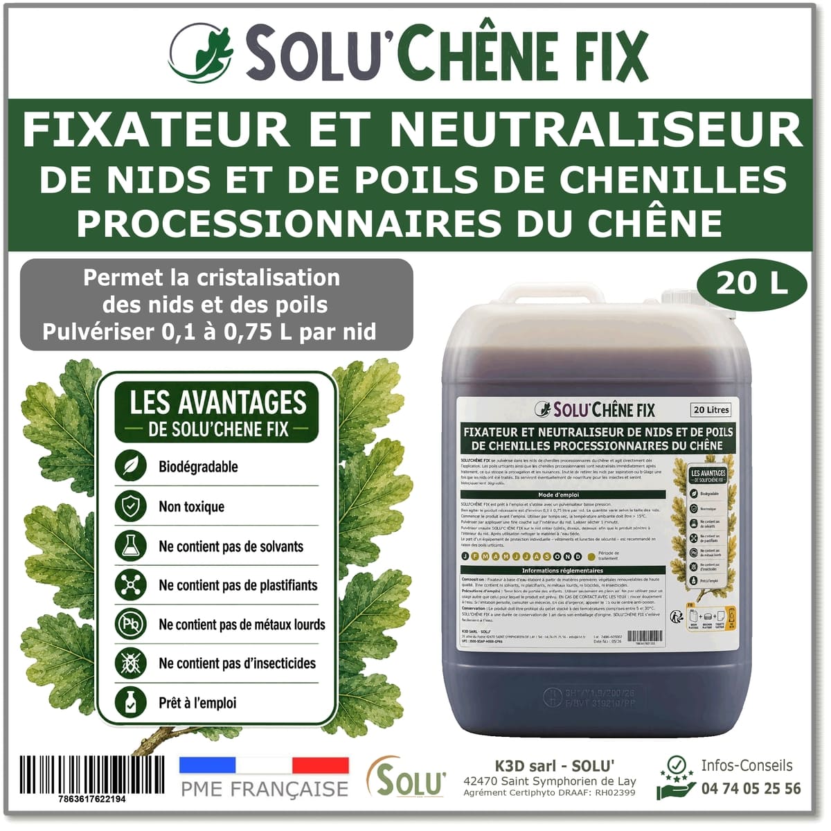 Traitement neutraliseur contre les chenilles processionnaires du chêne, Solu'chêne - 20 litres