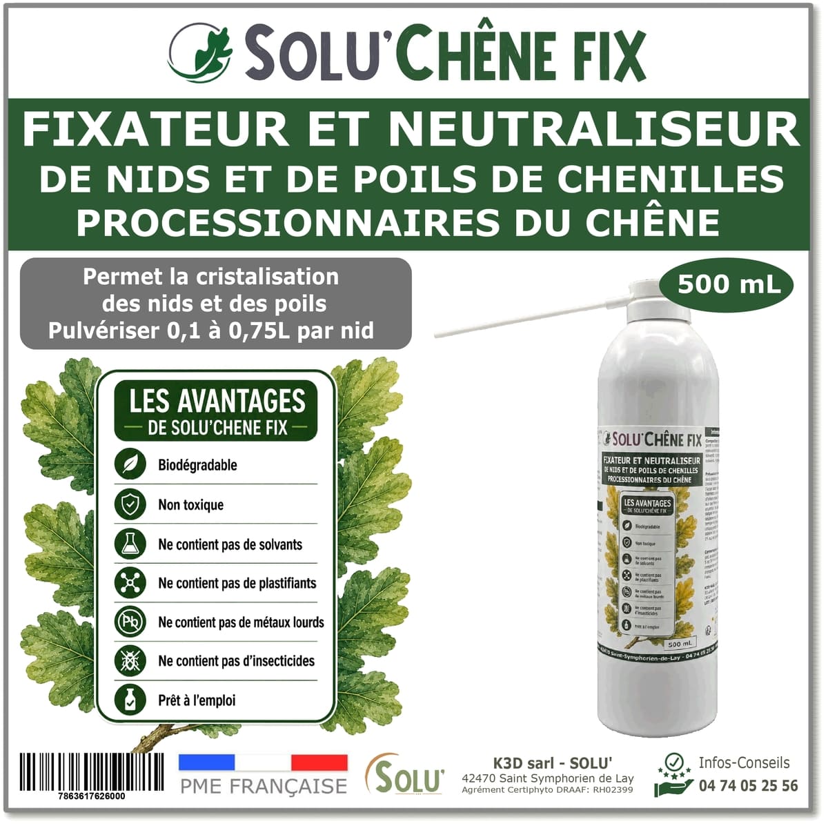 Traitement biologique contre les nids de chenilles processionnaires du chêne, Solu'Chêne Fix - Aérosol de 500 ml