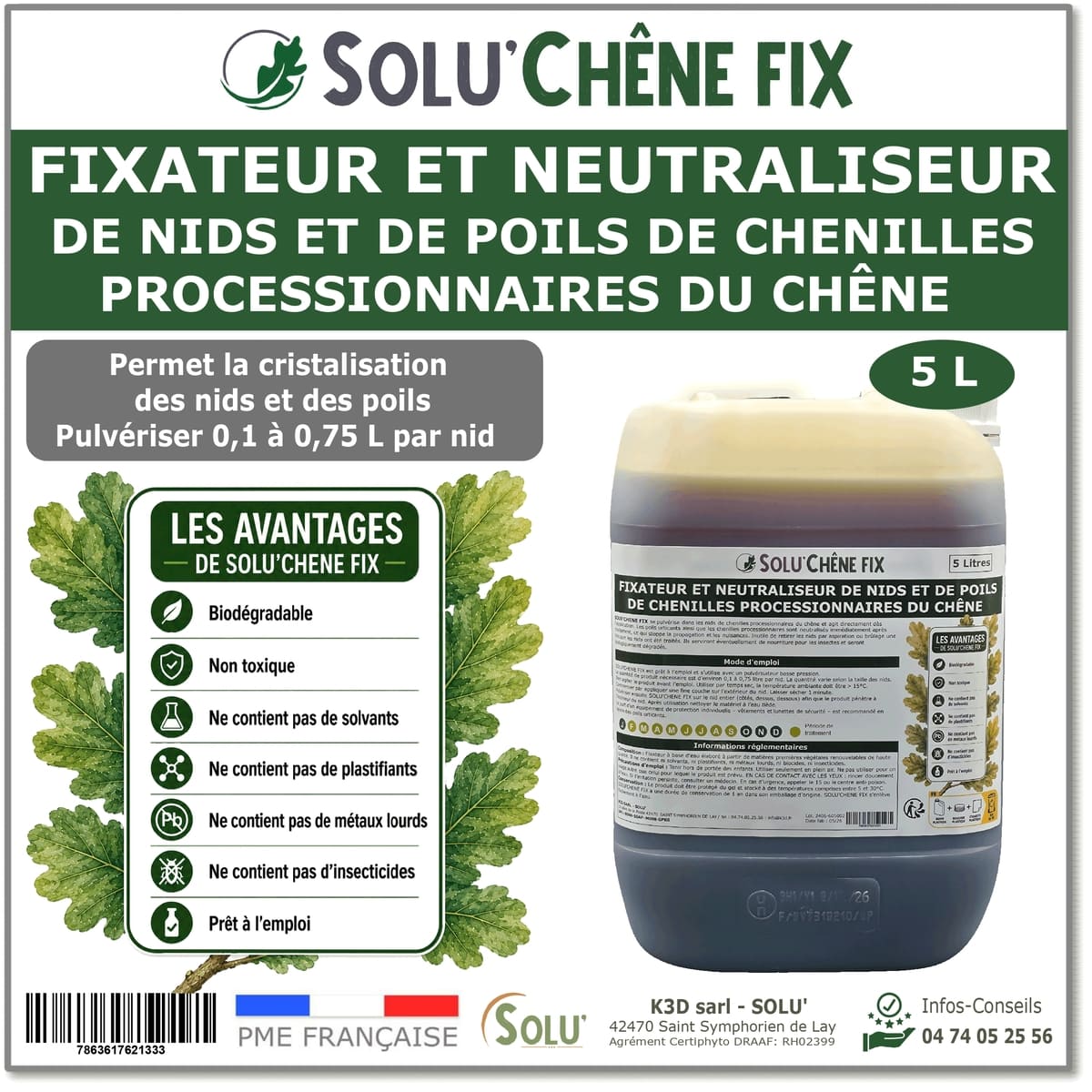 Traitement neutraliseur contre les chenilles processionnaires du chêne, Solu'chêne Fix - 5 litres