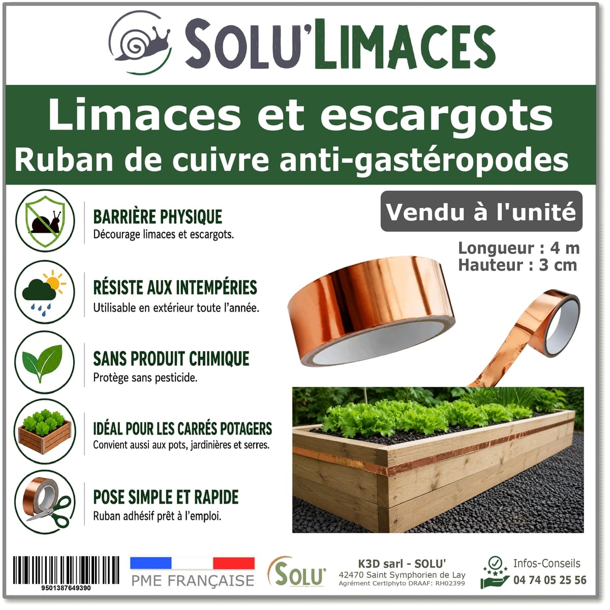 Ruban de Cuivre Anti-Limaces et Escargots SOLU'LIMACES - Vendu à l'unité