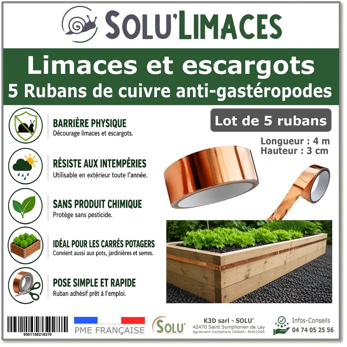 Ruban de Cuivre Anti-Limaces et Escargots SOLU'LIMACES - Lot de 5
