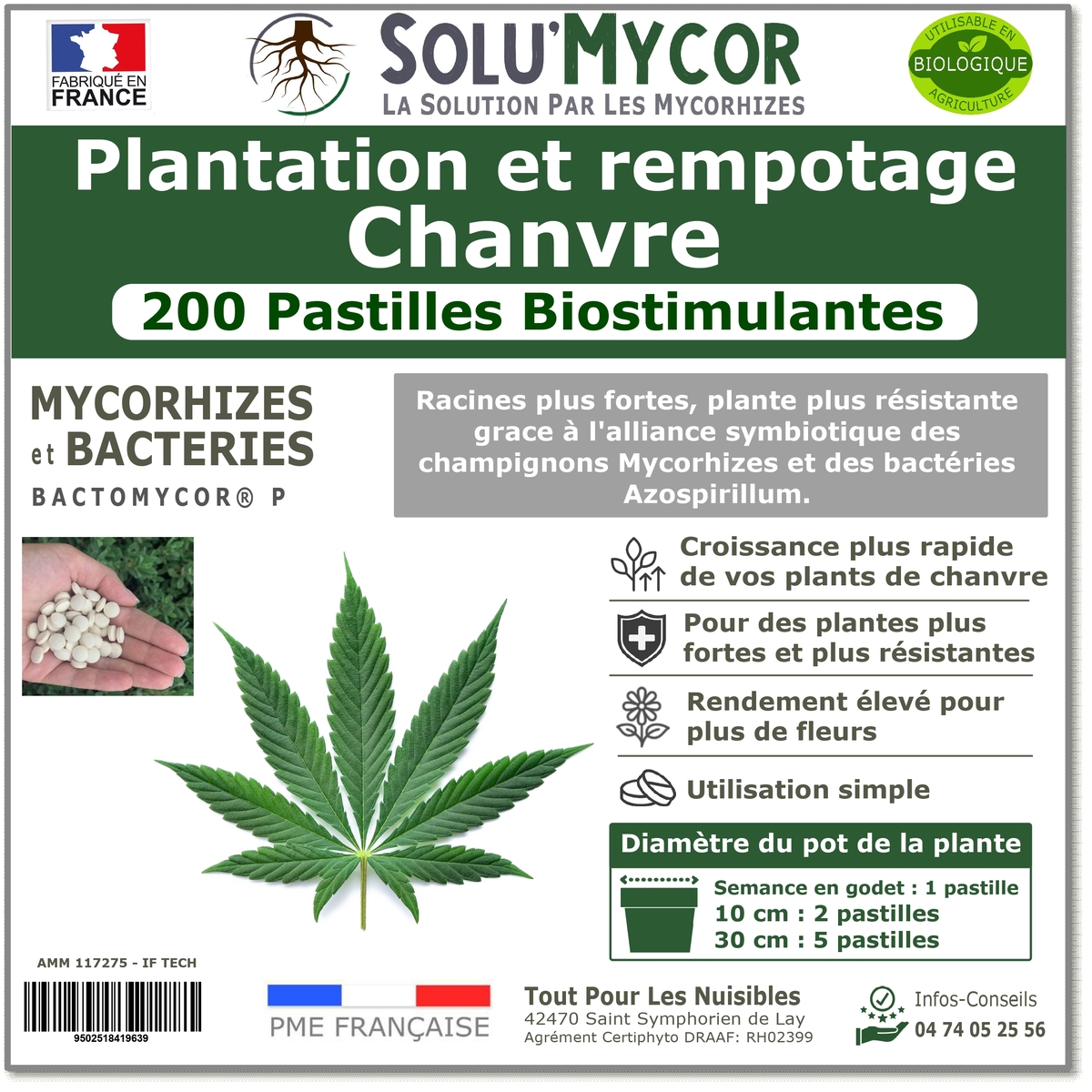 Comprimés biostimulants, SOLU'MYCOR Chanvre - 200 pastilles