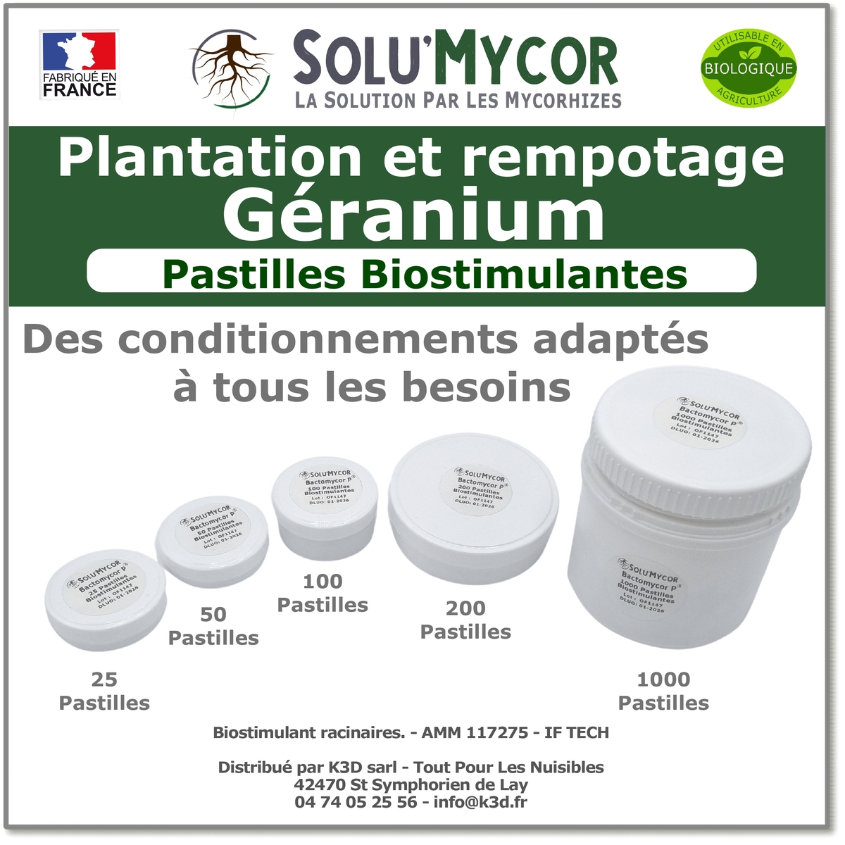 Pastilles biostimulantes MYCORHIZES et bactéries pour semis et plantation spécial Géraniums, SOLU'MYCOR
