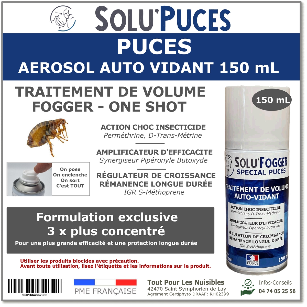 Insecticide fumigène, SOLU'PUCES spécial Puces - Aérosol de 150ml