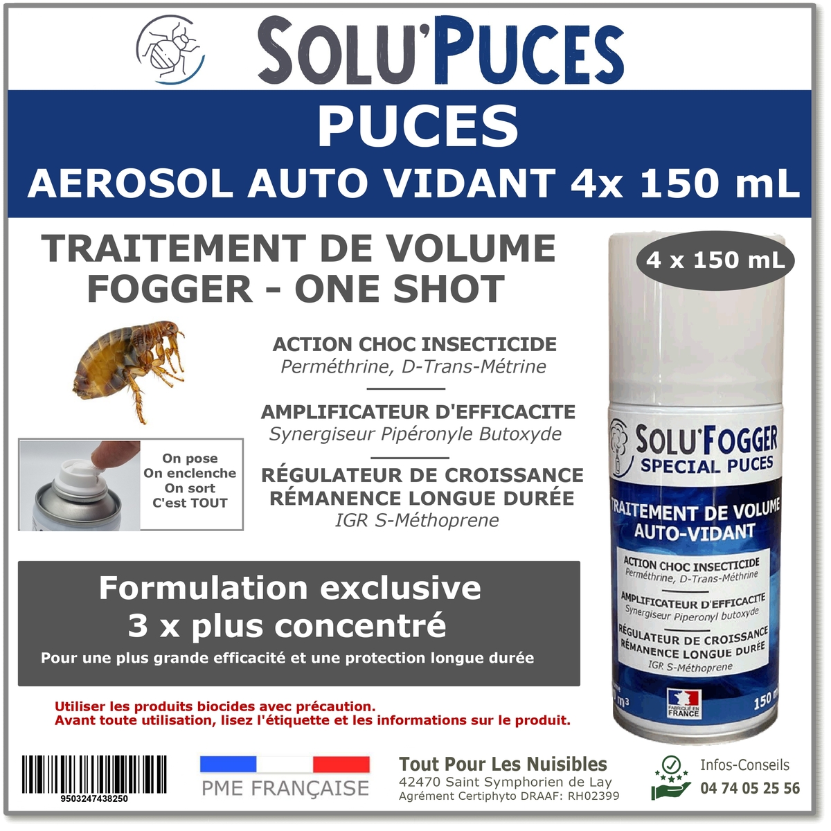 Insecticide fumigène, SOLU'PUCES spécial Puces - 4 AérosolS de 150ml