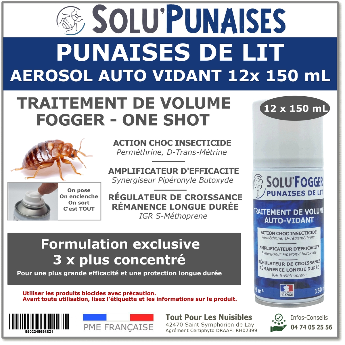 Insecticide fumigène, SOLU'PUNAISES spécial Punaises de lit - Aérosol de 150ml