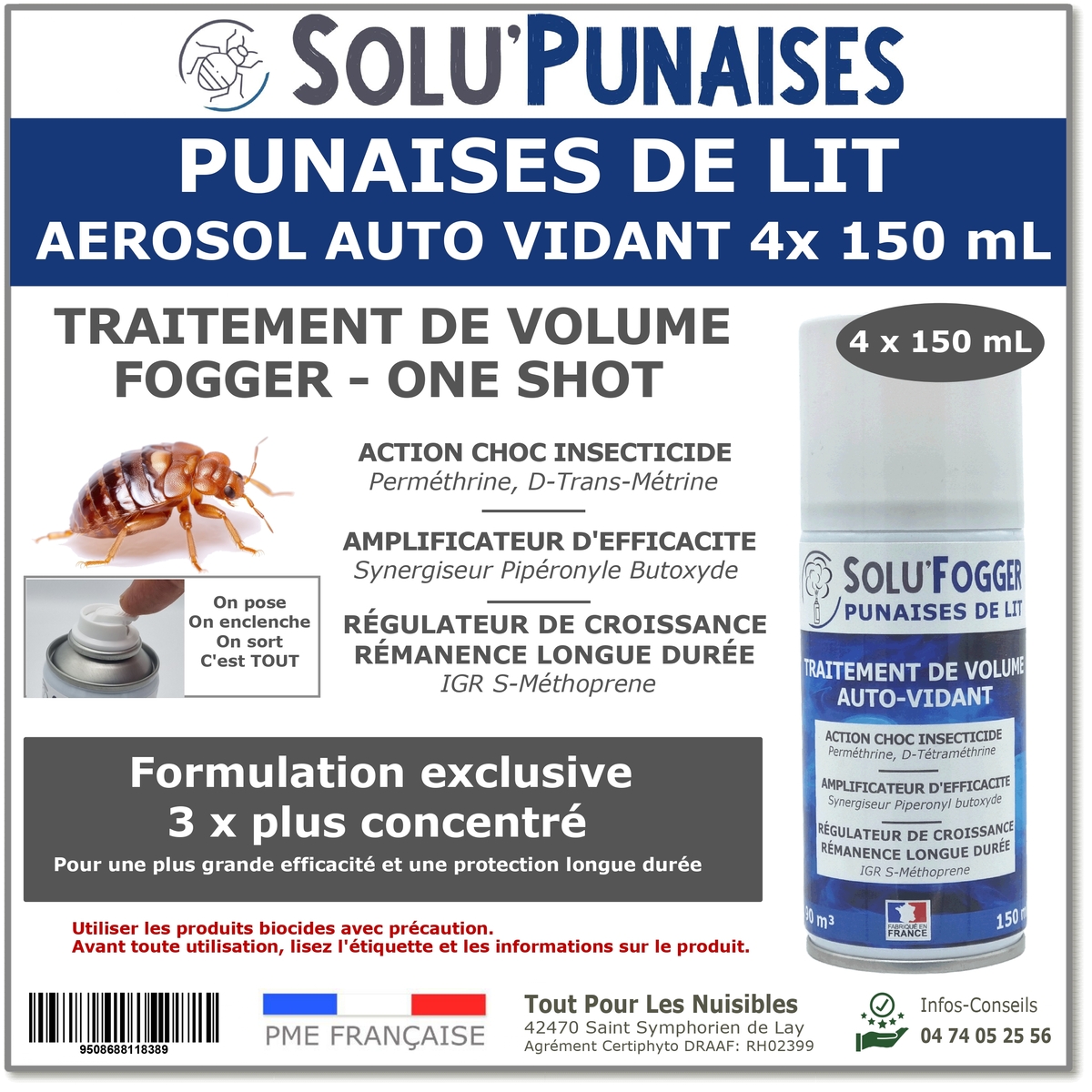 Insecticide fumigène, SOLU'PUNAISES spécial Punaises de lit - 4 Aérosols de 150ml