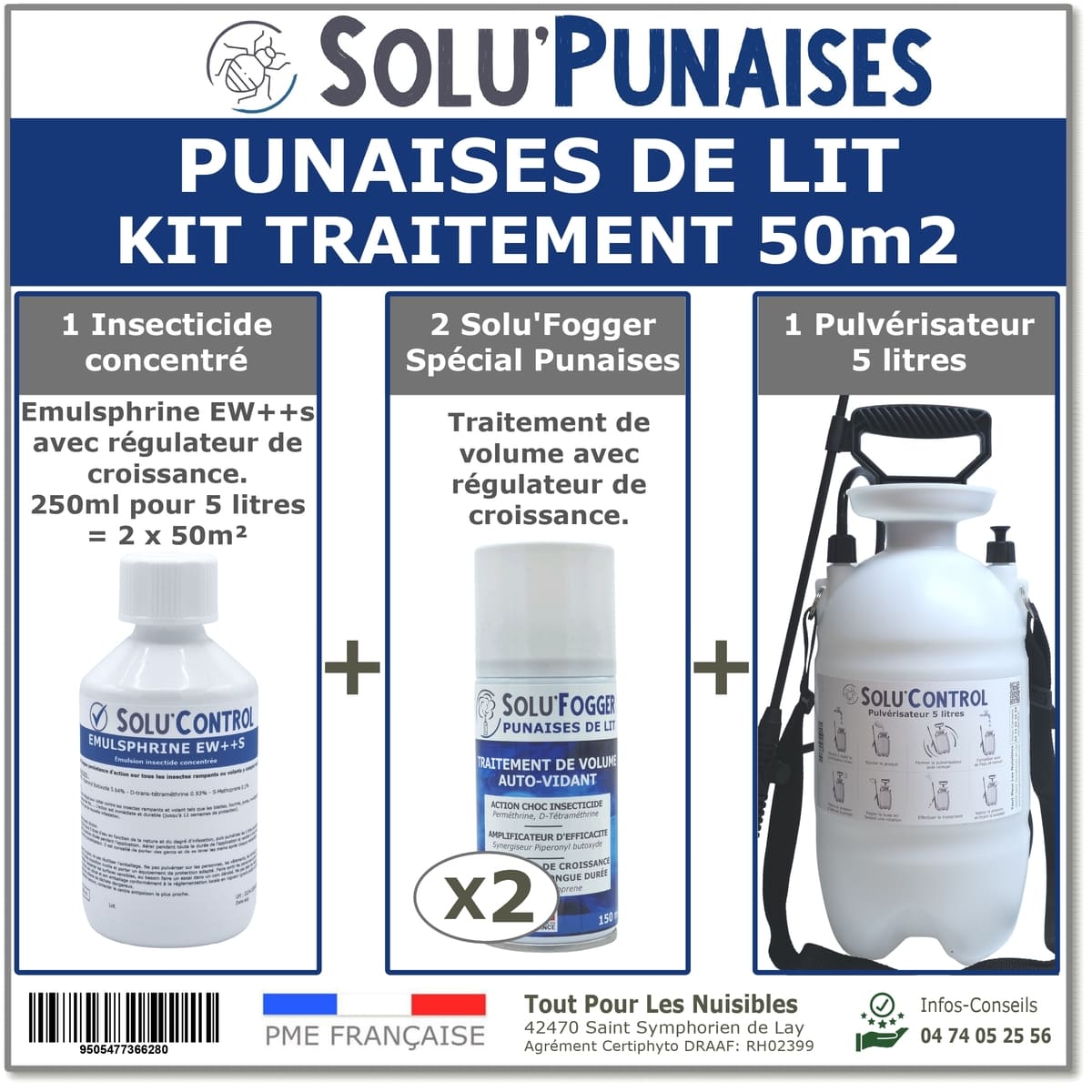 Kit Pro sans EPI traitement insecticide et fumigène contre la punaise de lit - 50 m²