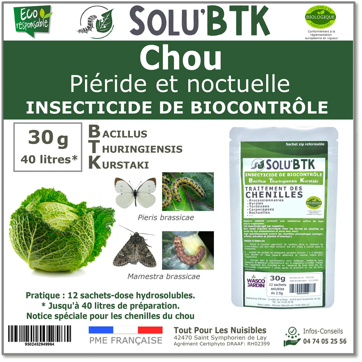Insecticide BTK de biocontrôle contre la piéride et noctuelle du chou, SOLU'BTK - 30g