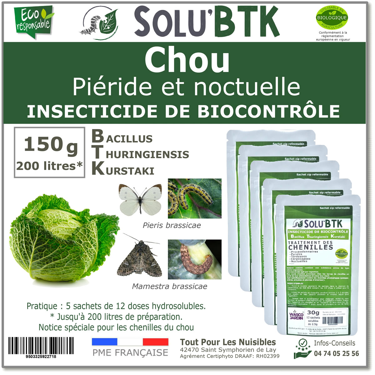 Insecticide BTK de biocontrôle contre la piéride et noctuelle du chou, SOLU'BTK - 150g