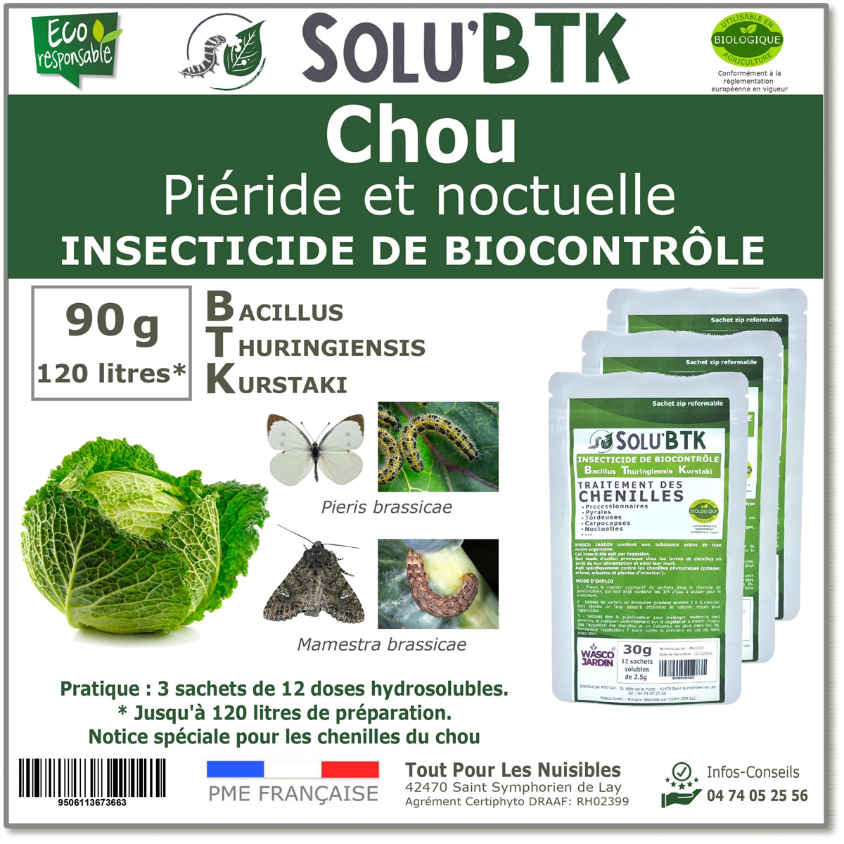Insecticide BTK de biocontrôle contre la piéride et noctuelle du chou, SOLU'BTK - 90g