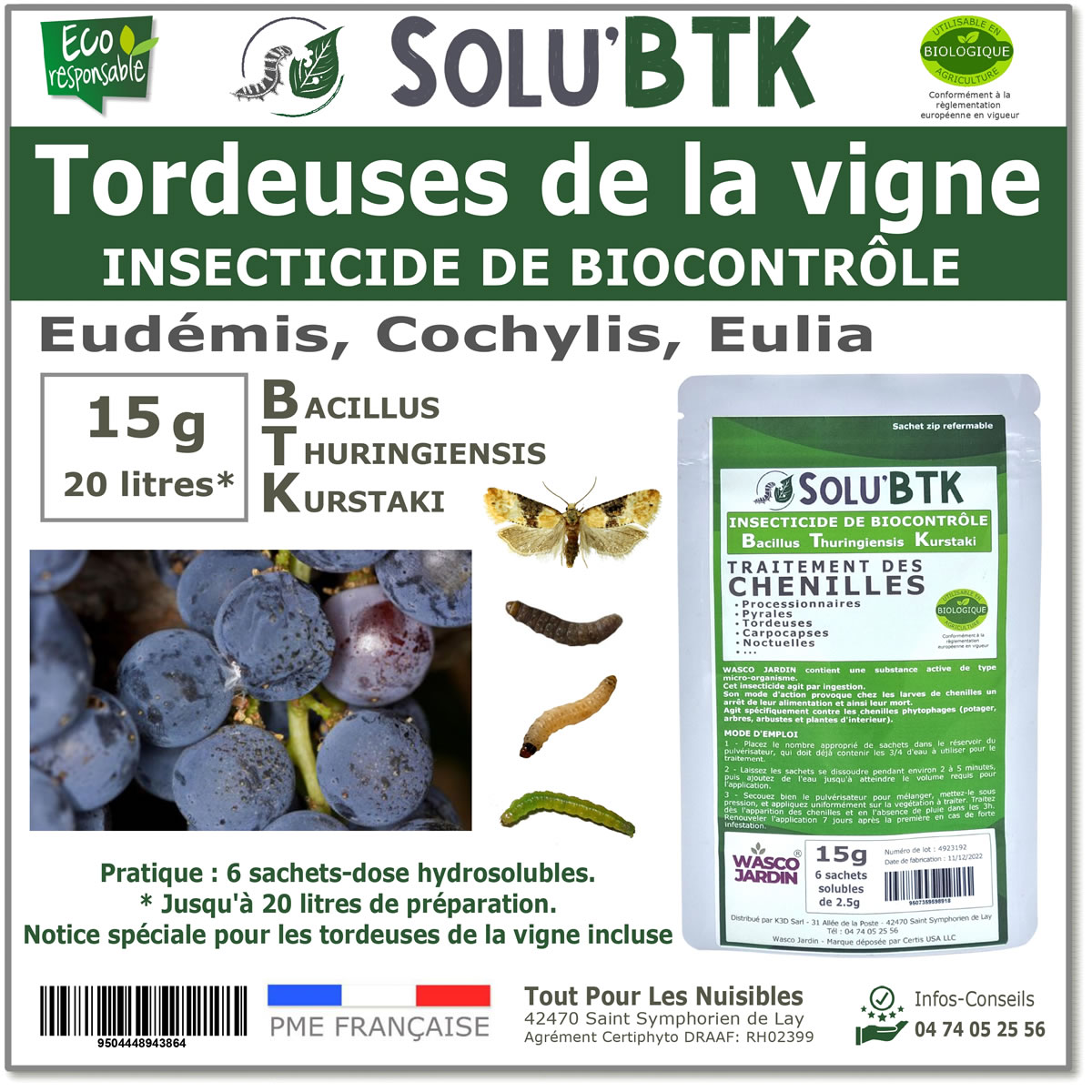 Insecticide BTK de biocontrôle contre les tordeuses des vignes (Eudémis, Cochylis, Eulia), SOLU'BTK - 15g