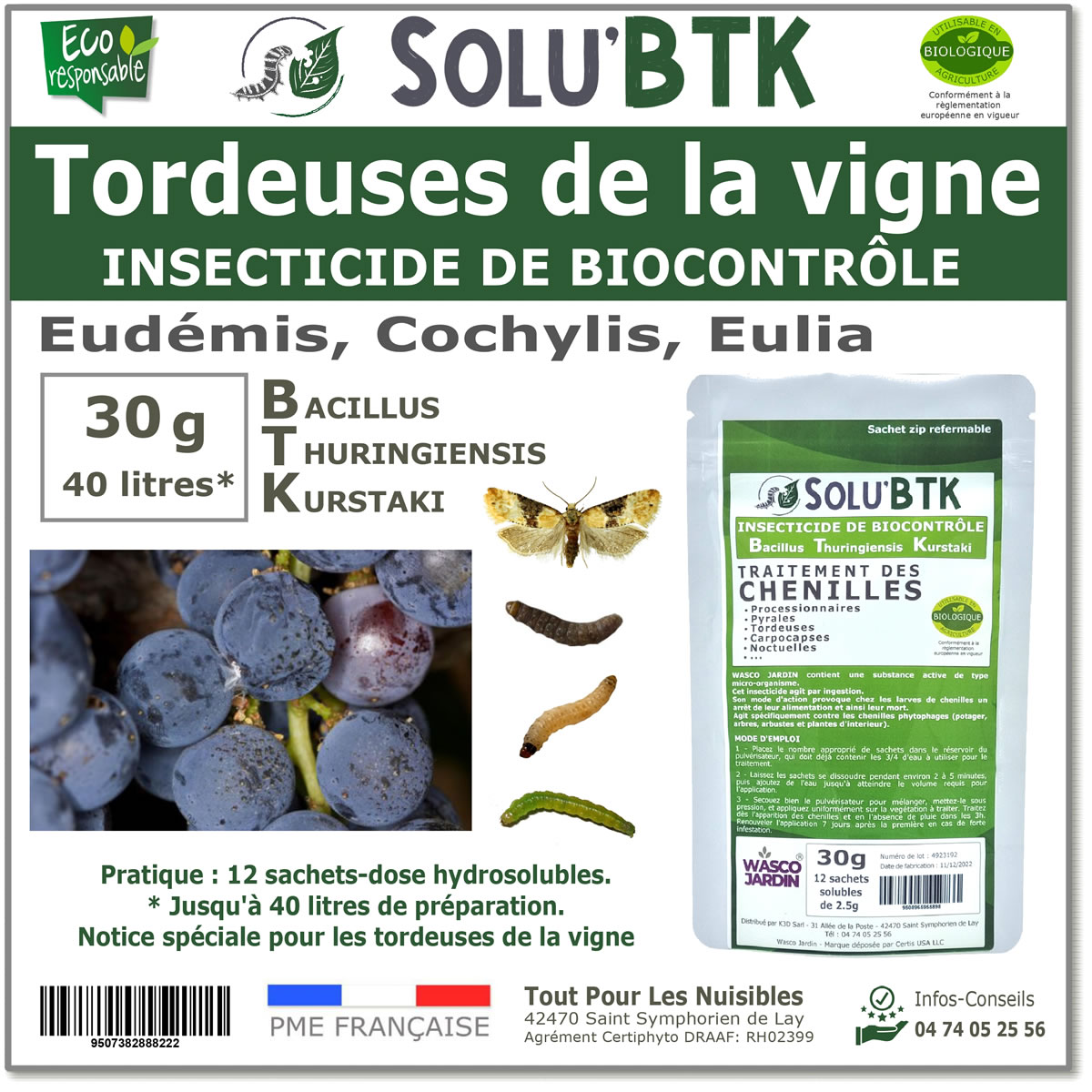 Insecticide BTK de biocontrôle contre les tordeuses de la vignes (Eudémis, Cochylis, Eulia), SOLU'BTK - 30g