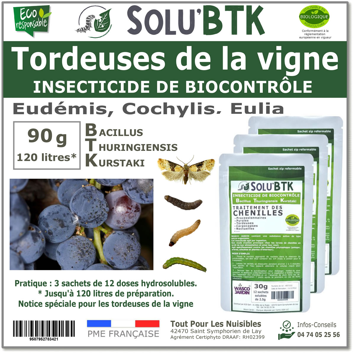 Insecticide BTK de biocontrôle contre les tordeuses de la vignes (Eudémis, Cochylis, Eulia), SOLU'BTK - 90g
