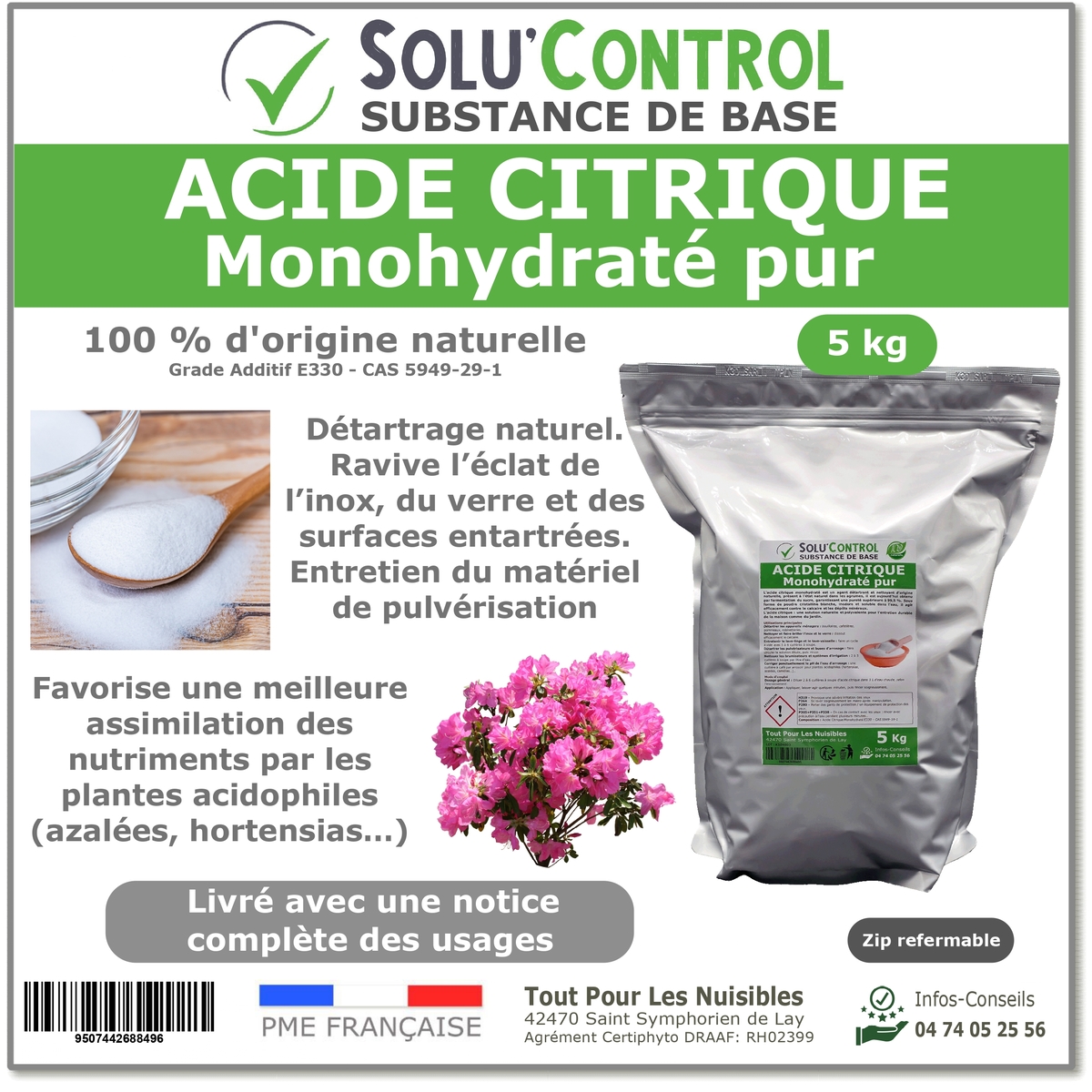Acide citrique monohydraté pur -  Sachet de 5kg