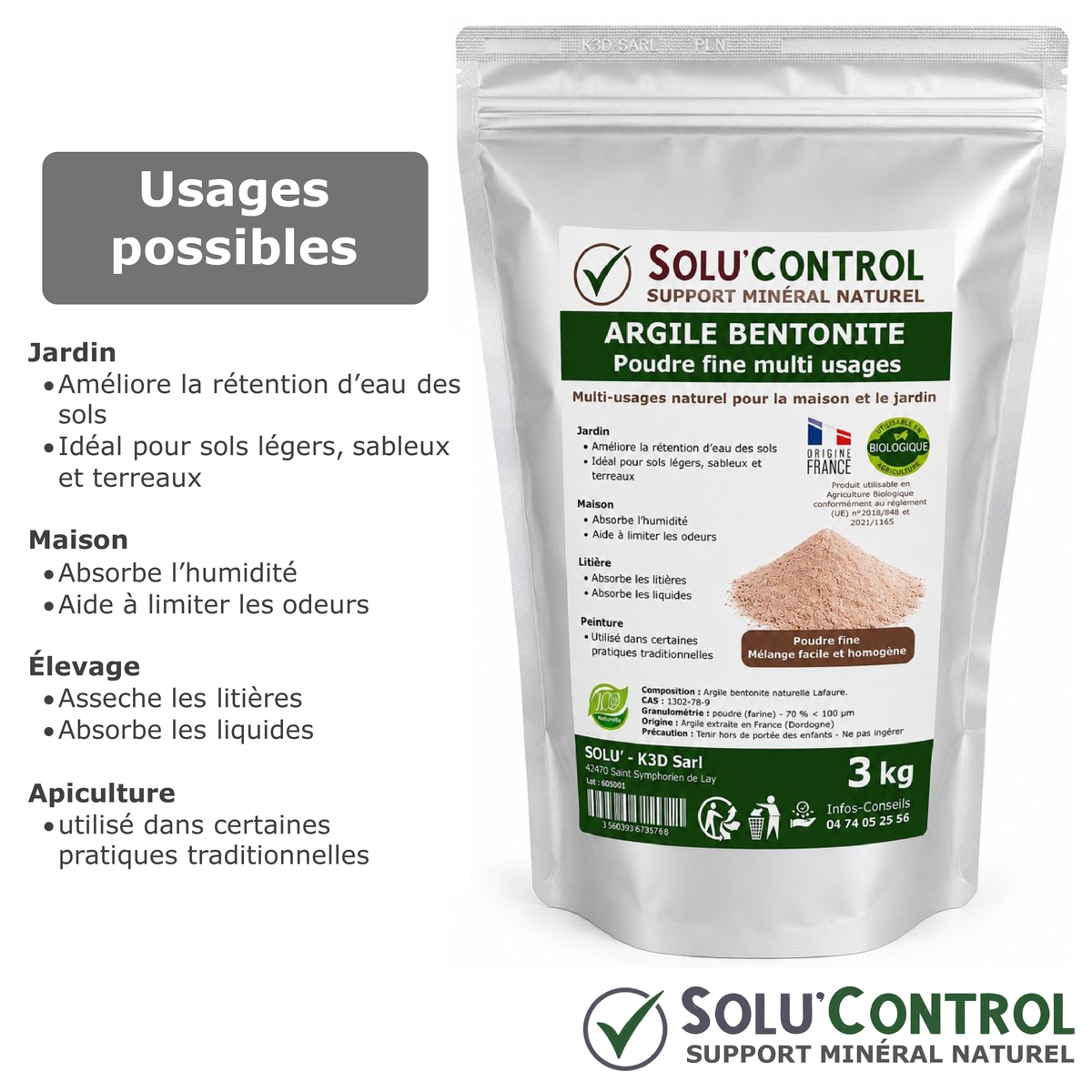 Argile Bentonite Naturelle – Solu'Control - Sachet de 3kg