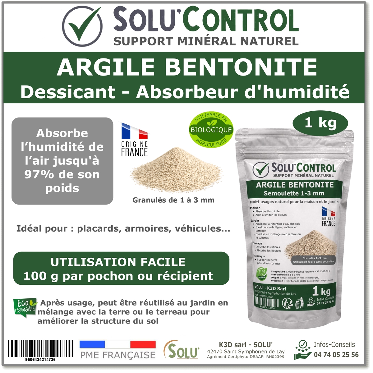 Argile Bentonite Naturelle – Dessiccant / Absorbeur d’Humidité  – Solu'Control - 1kg