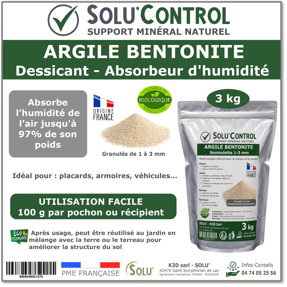 Argile Bentonite Naturelle – Dessiccant / Absorbeur d’Humidité  – Solu'Control - 3kg