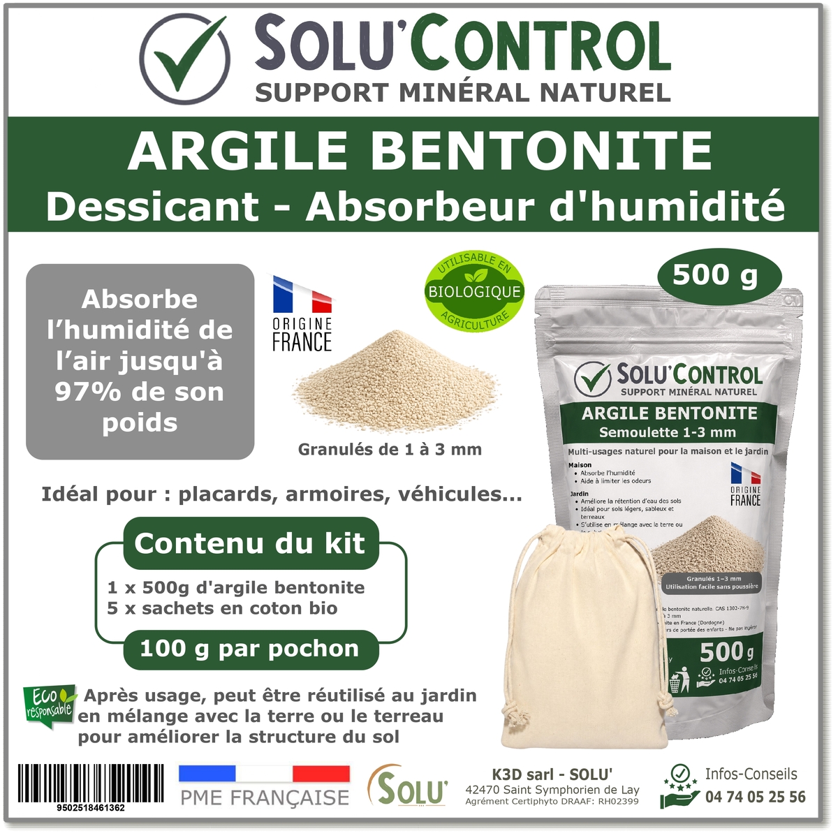 Argile Bentonite Naturelle – Dessiccant / Absorbeur d’Humidité  – Solu'Control - 500g  + sachet en coton