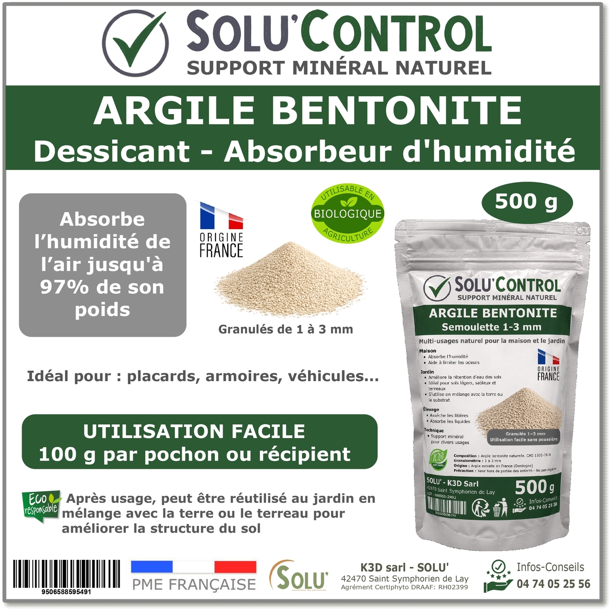 Argile Bentonite Naturelle – Dessiccant / Absorbeur d’Humidité  – Solu'Control - 500g