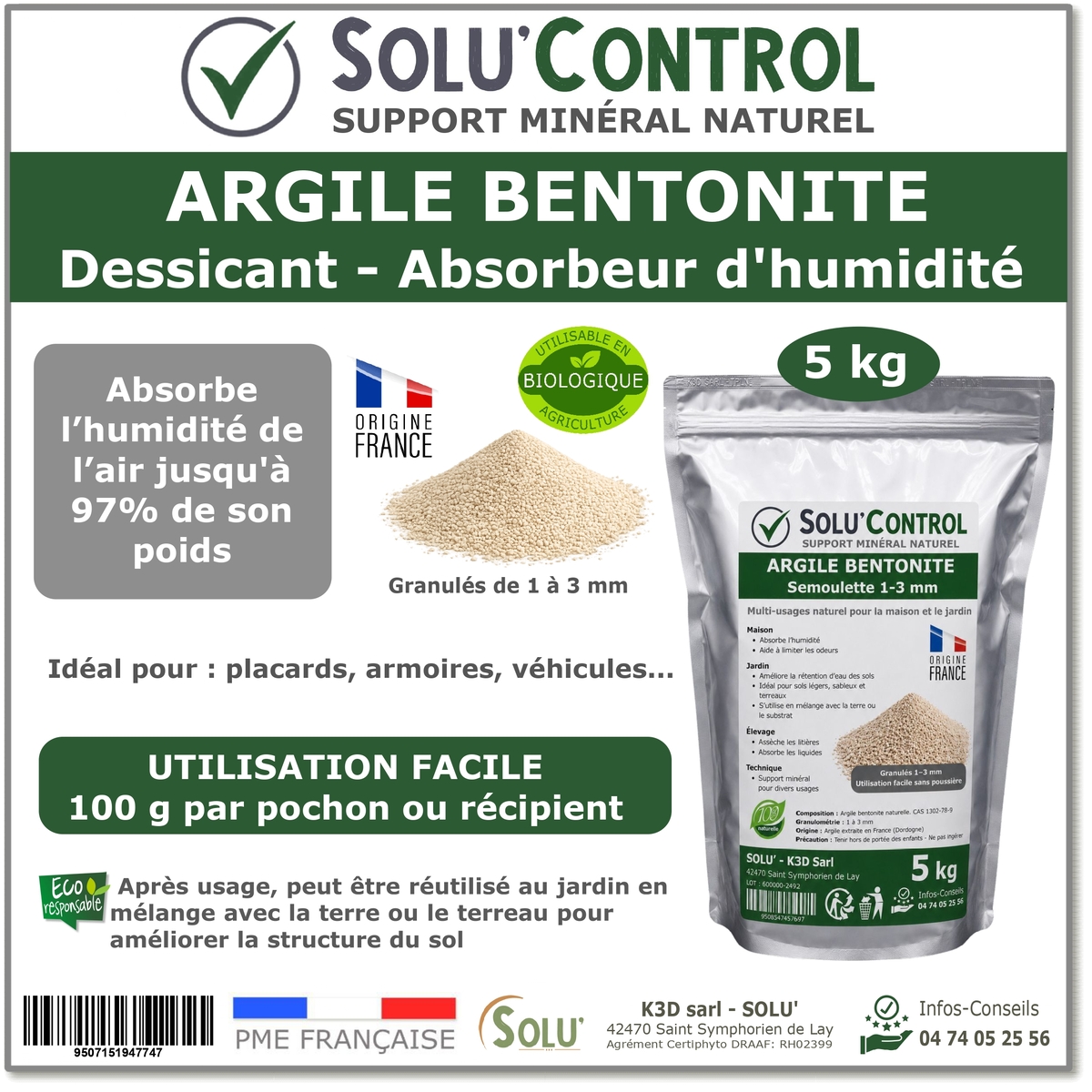 Argile Bentonite Naturelle – Dessiccant / Absorbeur d’Humidité  – Solu'Control - 5kg