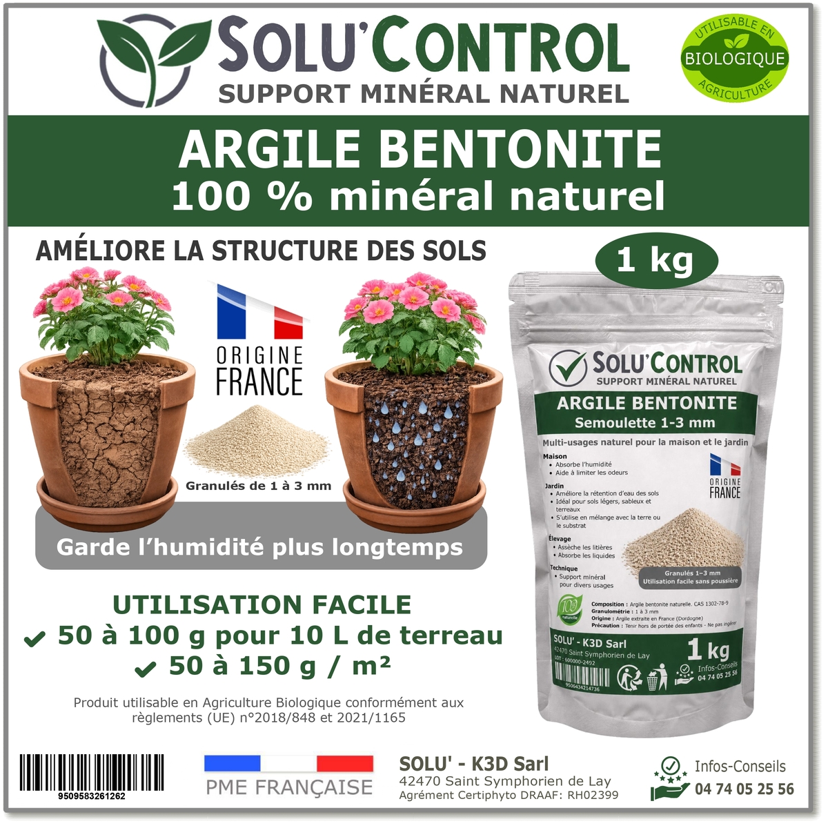 Argile Bentonite Naturelle – Support minéral – Solu'Control - 1kg