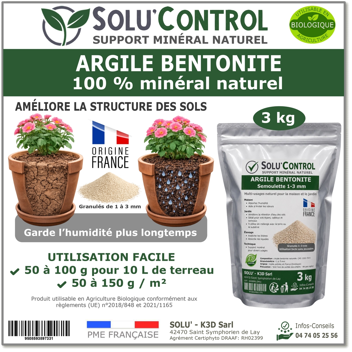 Argile Bentonite Naturelle – Support minéral – Solu'Control - 3kg