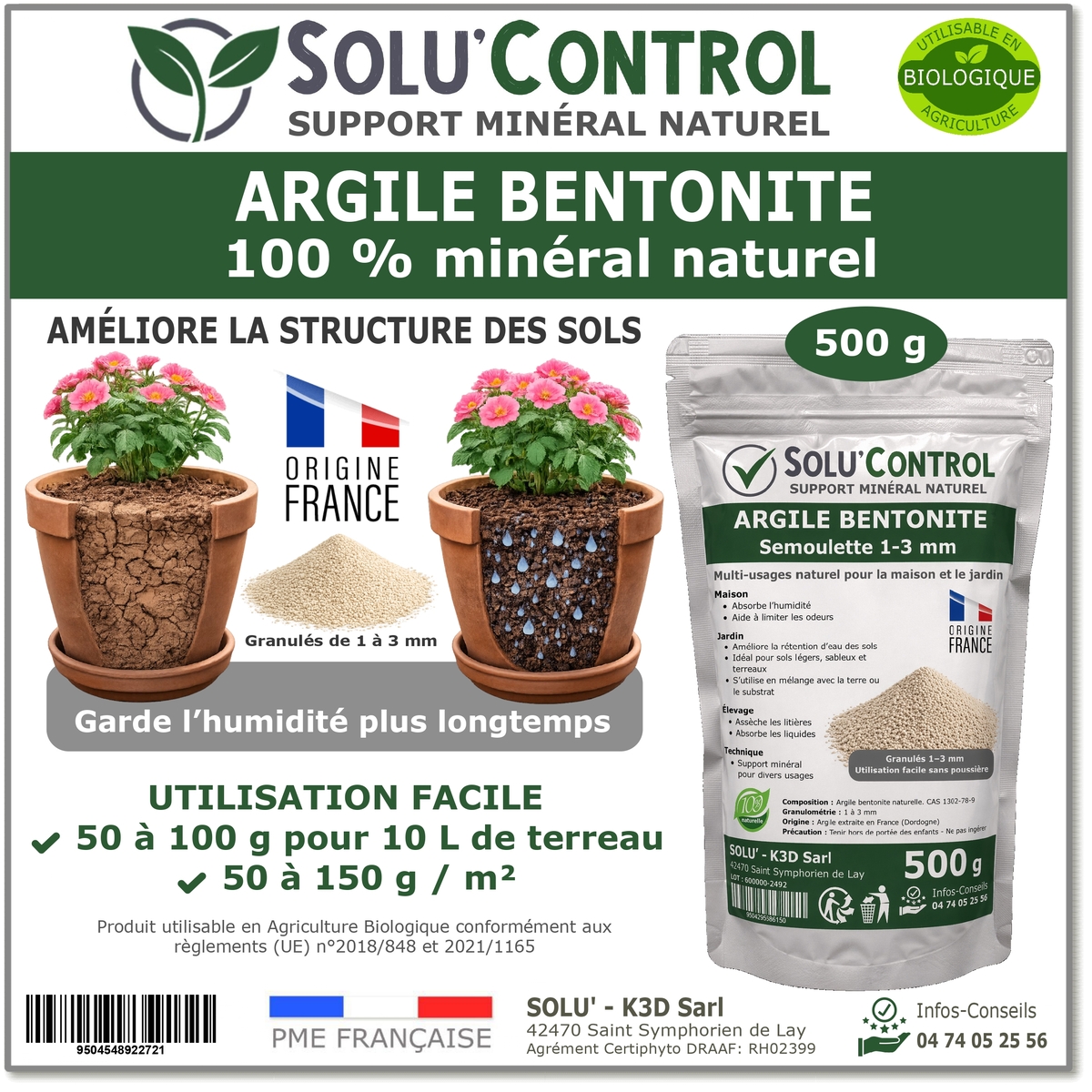 Argile Bentonite Naturelle – Support minéral – Solu'Control - 500g