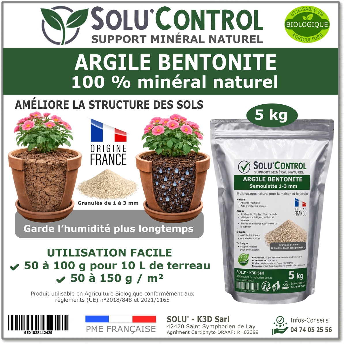 Argile Bentonite Naturelle – Support minéral – Solu'Control - 5kg