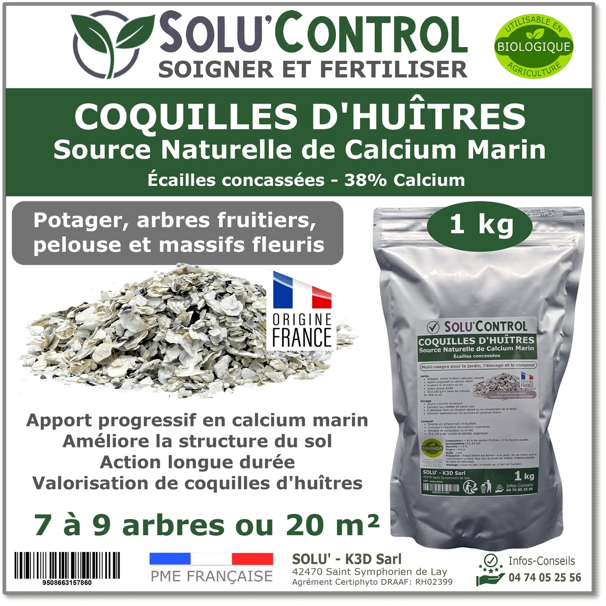 Écailles de Coquilles d'Huîtres Concassées – SOLU'CONTROL - Sachet de 1 kg