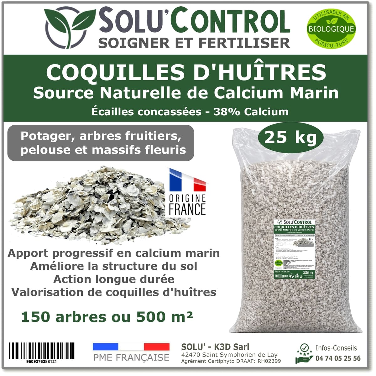 Écailles de Coquilles d'Huîtres Concassées – SOLU'CONTROL - Sachet de 25 kg