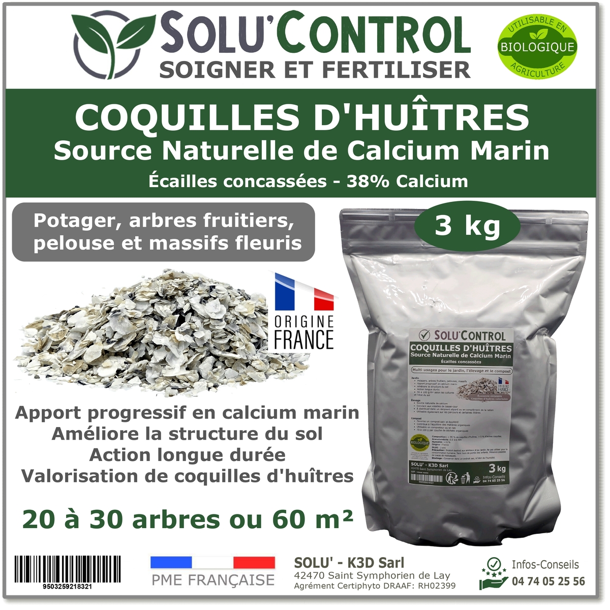 Écailles de Coquilles d'Huîtres Concassées – SOLU'CONTROL - Sachet de 3 kg