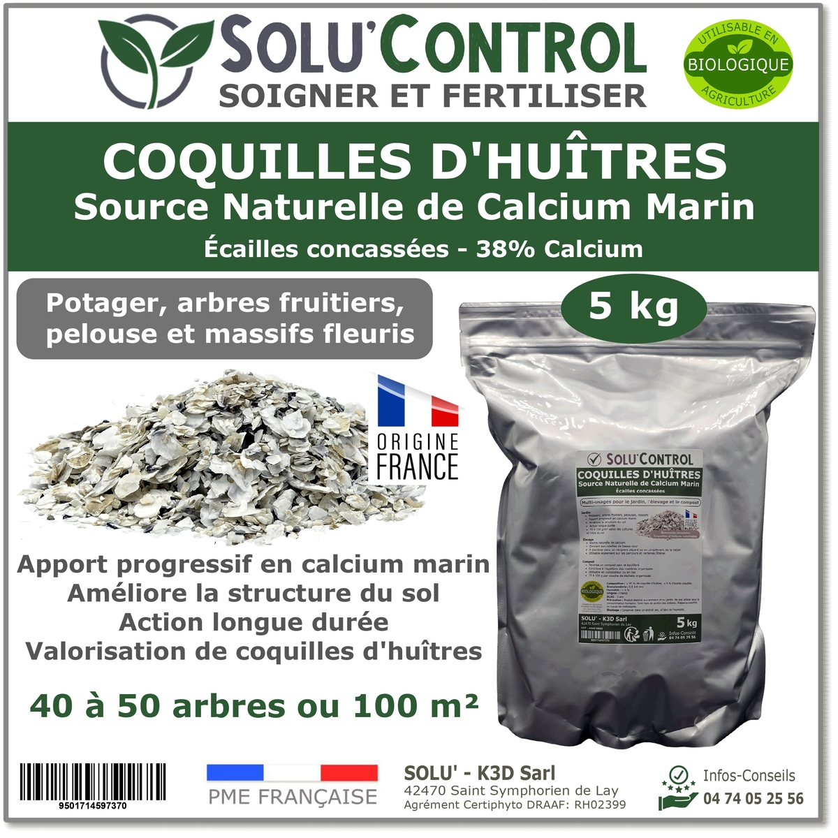 Écailles de Coquilles d'Huîtres Concassées – SOLU'CONTROL - Sachet de 5 kg