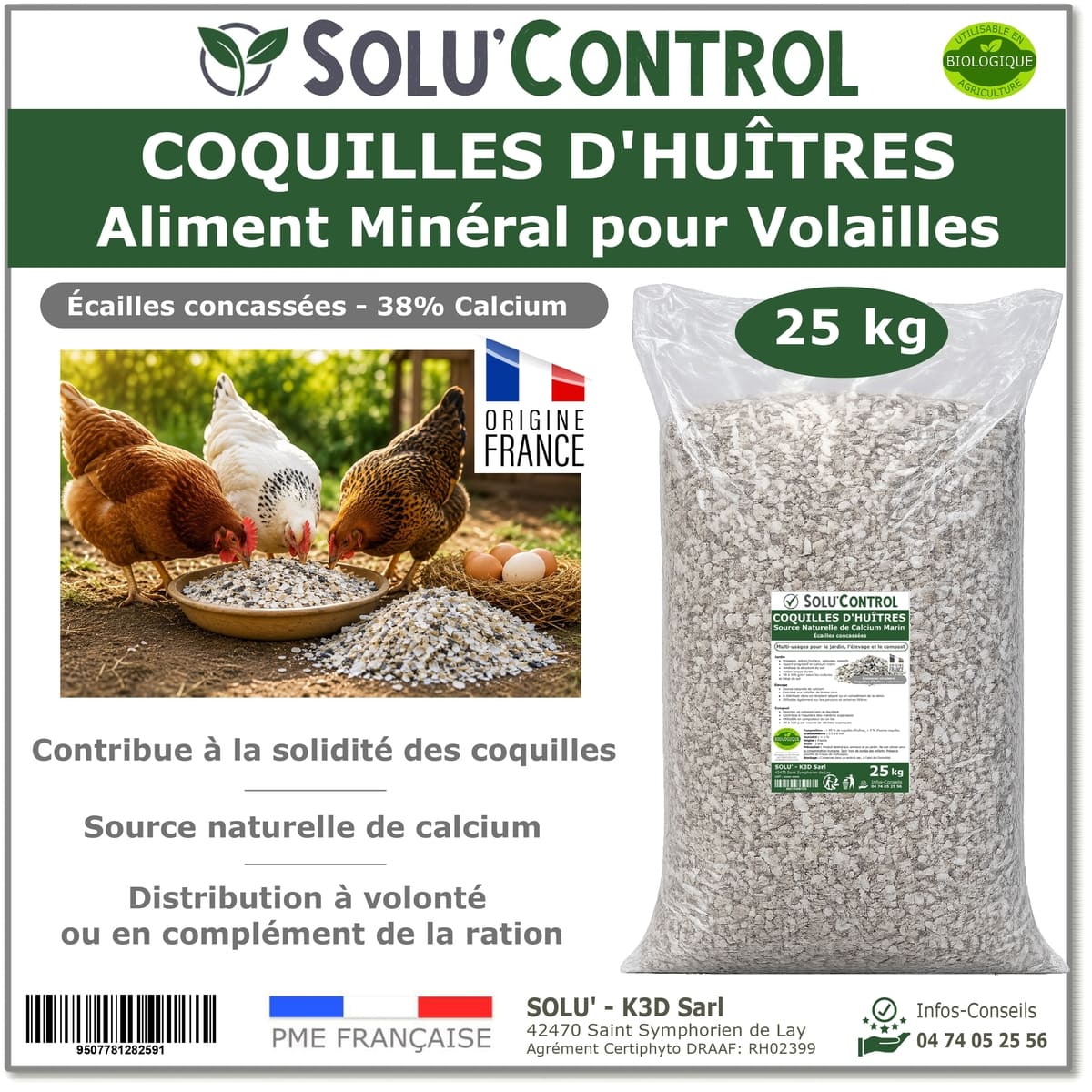 Écailles de Coquilles d'Huîtres Concassées alimentation volailes – SOLU'CONTROL - Sachet de 25 kg